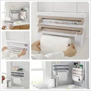 NISEVEN Special Offer 3 In 1 Paper Towel Holder Wall Mounted Plastic Wrap Storage Rack With Cutter Cling Film Slide Cutter