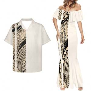 Robe <span class=keywords><strong>en</strong></span> queue de poisson Samoa personnalisée <span class=keywords><strong>en</strong></span> <span class=keywords><strong>Polynésie</strong></span> Ensemble deux pièces d'hibiscus et d'impression de feuilles jaunes pour couple de grande taille à la demande - Product Image 3