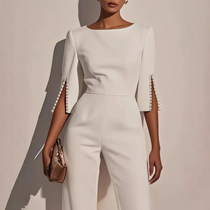 Combinaison décontractée d'été pour femme, couleur unie, ornée de perles, à fente, manches courtes, coupe classique, respirante - Product Image 3