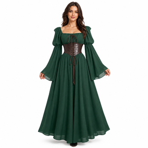 Vestido Medieval Renacentista Vintage para <span class=keywords><strong>Mujer</strong></span>, Cuello Cuadrado, Corsé con Cordones, Mangas Acampanadas, Vestido Largo - Product Image 1