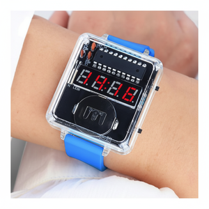 Montre électronique DIY, tube numérique transparent, affichage rouge, boîtier en plastique, style unisexe FUNKY, bracelet de 22 cm, fermeture à boucle - Product Image 1