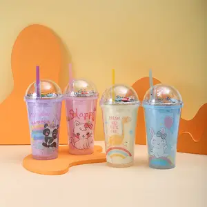 Vaso para beber de doble pared de 450ml con dibujos animados, vasos de jugo de plástico reciclado sin BPA con tapas y pajitas