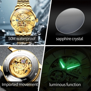 OUPINKE 3308 Montres automatiques japonaises pour hommes, marque originale, montre-bracelet mécanique à double face ajourée, montres dorées de luxe haut de gamme - Product Image 2