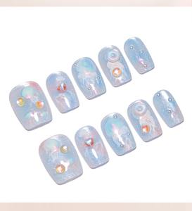 10 Pcs/set Ocean Blue Gradient Cat Eye Bubble Bead <b>Acrylic</b> Pre-designed <b>Glue</b> Almond Shape Nail Art Tips Press Nails Artificial - Product Image 6