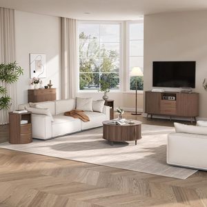 Tavolino da Caffè Moderno Rotondo <span class=keywords><strong>con</strong></span> Vano Portaoggetti, Design Scanalato, Piano in Legno di Noce, Arredamento Personalizzabile per Soggiorno - Product Image 6