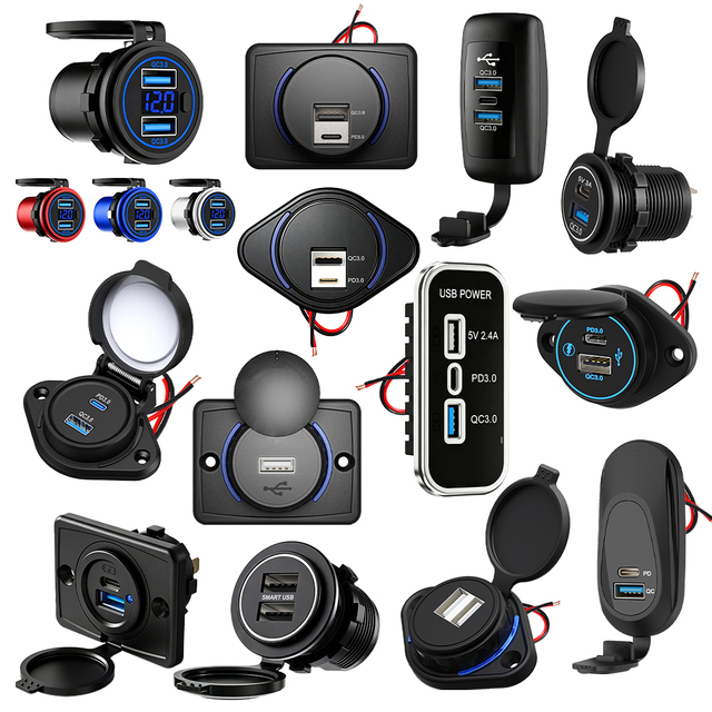 Cargadores Usb c Para Moto Panel Mount Aluminum Fast Charging 100W Dc 12v Car Charger 12V 24V Usb Port Car Charger Outlet Socket