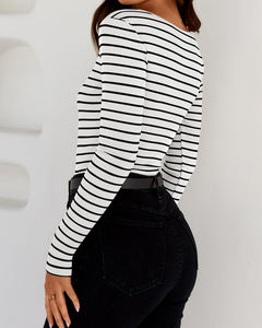 All'ingrosso da <span class=keywords><strong>donna</strong></span> a righe leggere top Sexy con collo a U top base alla moda con costine a maniche lunghe abbinate Streetwear - Product Image 6