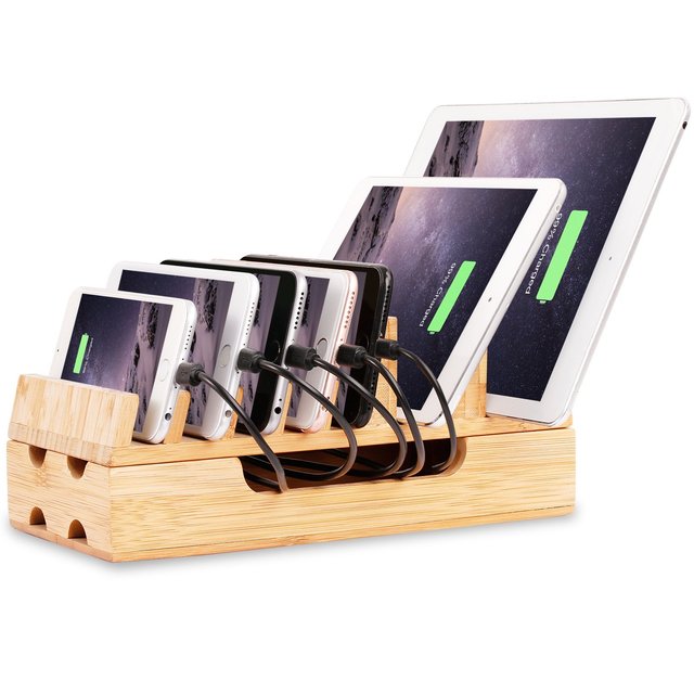 Charging Station, Eco-Friendly Bamboo Charging Station Rack & Docking Organizer for Multiple Devices Such As Smartphones &