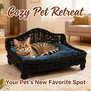 Lit pour animaux de compagnie en rotin fait main de luxe, écologique avec coussin, meubles pour animaux de compagnie sur mesure de grande taille en noir - Product Image 4
