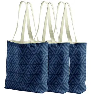 Custom Printed Eco Friendly Lightweight Reusable Capacity Blue Pattern Front And Back Shopping Grocery Bags Cotton Bag