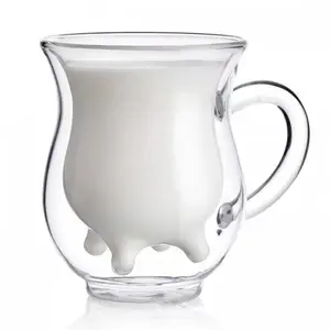 Kid Unique Design Cow Udder Shape Double Wall Glass Milk Cup For Milk