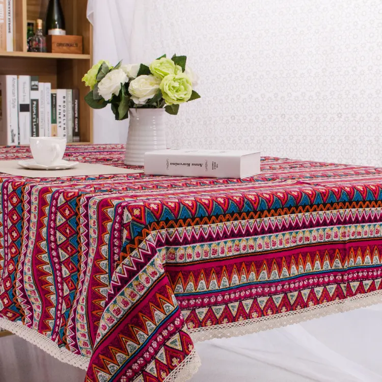 Ethnic Bohemian Tablecloth Washable Home Decorative Cotton Lace Banquet Dining Table Cloth for Decoration