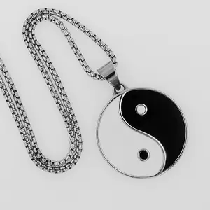 High Polish 316L Stainless Steel Black White Enamel Feng Shui Yin Yang Round Pendant Necklace for Women Men