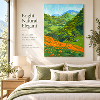 Peinture sur toile peinte à la main, champ de fleurs sauvages orange, collines vertes, montagnes bleues, décoration murale pour salon