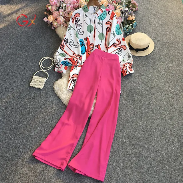 GX2558 Fashion causal style clothing vendor leisure wear women long sleeve shirt and wide leg pant matching suits 2 piece sets