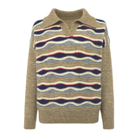 Pull en maille pour femme à col polo, kaki, à rayures ondulées jacquard, color block, manches longues, coupe ample, épaules tombantes, style preppy