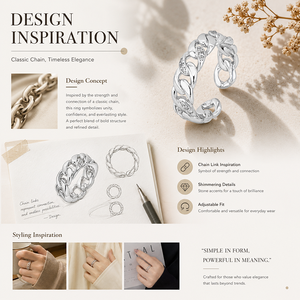 Bague chaîne bohème en argent 925 faite à la main, design original, avec incrustation de zircon, ajustable pour le quotidien ou comme cadeau - Product Image 3