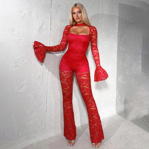 Nuova Tuta Intera in Pizzo Moda Autunno Inverno, Abbigliamento Femminile con Scollatura Profonda, Sexy, Traforata, <span class=keywords><strong>Maniche</strong></span> a Campana e Pantaloni Lunghi - Product Image 6