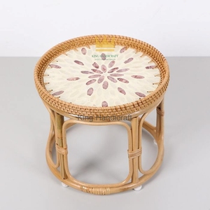 Eco Friendly <b>Round</b> Woven Cane Coffee <b>Table</b> Mother of Pearl Inlay Modern Minimalist Living Room <b>Bedside</b> Side <b>Table</b> - Product Image 2
