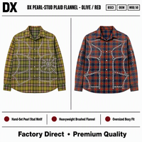 Kemeja Flanel Mewah Vintage High Street Grunge Y2K Berhias Berlian Imitasi Motif Bintang Kotak-kotak 320g Distressed Oversized Kancing Depan Katun Custom