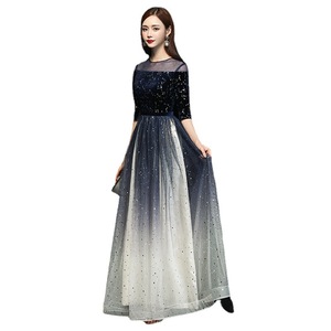 Women's Evening Dress Long Gradient A-Line O-Neck <b>Sequined</b> Formal Party Gown Dark Blue - Product Image 4