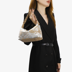 Sac fourre-tout en satin jacquard pour femme avec broderie dorée, fermeture à cordon souple, logo personnalisé, sac à main pour femme - Product Image 3