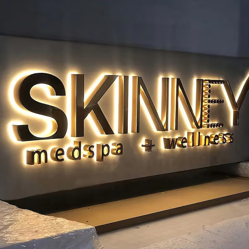 Letrero con logotipo personalizado para publicidad exterior, Metal con alfabeto de pared de letras grandes, letrero retroiluminado de acero inoxidable 3D dorado, letras LED brillantes