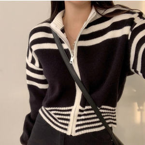 Personnalisation OEM, pull <span class=keywords><strong>cardigan</strong></span> à rayures colorées, femme, automne hiver, pull vintage à fermeture éclair - Product Image 5
