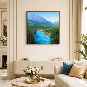 Peinture à l'huile sur toile peinte à la main, thème automne <span class=keywords><strong>au</strong></span> bord du lac, lac turquoise, arbres dorés, montagnes bleues, texture, décoration murale, vente en gros - Product Image 1