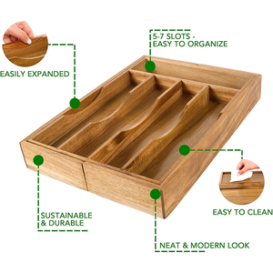Organisateur de tiroir de cuisine en <span class=keywords><strong>bois</strong></span> d'acacia de luxe en gros pour couverts et ustensiles, plateau réglable, boîte de rangement pour tiroir de cuisine - Product Image 3