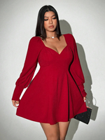 Robe élégante bordeaux à col en V taille haute coupe trapèze courte décontractée pour femme grande taille Printemps-Été 2026