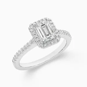 Joias finas personalizadas 1ct d, cor esmeralda, corte, moissanite, anel halo 18k, ouro branco, moissanite, joias, anel de casamento e noivado