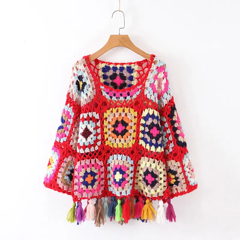 Оптовая продажа с фабрики, летний Европейский женский цветной вязаный свитер ручной работы, женское вязаное бикини с цветочным узором