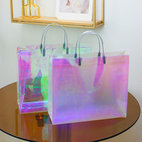 Sac cadeau écologique en PVC holographique scintillant avec poignée, recyclable, pour magasin de vêtements, personnalisable avec logo et cadre photo