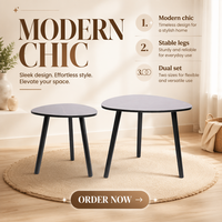 Table basse gigogne minimaliste avec plateau en faux marbre en forme de goutte d'eau et pieds trépieds noirs – Ensemble de 2 tables gigognes gain de place