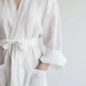 2024 Four Seasons unisex Loose Home prelavado camisón de lino blanco kimono batas 100% Lino francés bata de baño de manga larga