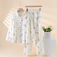 Ensemble de pyjama long en gaze double couche respirante en pur coton pour femme - Imprimé floral, manches longues, coupe ample - Collection Printemps/Automne