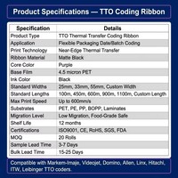 Ruban de transfert thermique TTO 33mm*600m pour fabricant d'étiquettes, ruban de haute qualité pour codage à haute vitesse, vente en gros d'usine OEM