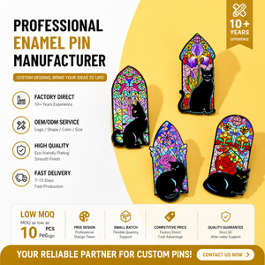 Pins de solapa de esmalte personalizados al por mayor, con diseño de gato gótico negro y estilo vidriera, OEM ODM, pins de solapa de esmalte floral personalizados, a granel - Product Image 2