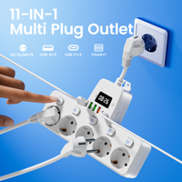 Stop Kontak Ekstensi 5 Lubang Schuko yang Dapat Disesuaikan, Dilengkapi Sakelar Individual, 3 USB-A, 2 Type C, Jam, dan Kabel Fleksibel untuk Rumah dan Kantor