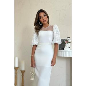 Vestido de Novia al por Mayor con Detalles de Tul Blanco Perla, Silueta Sirena, Sin Tirantes, Cola Capilla, Materiales Personalizables para Novias - Product Image 3