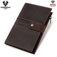 Dompet Kartu Panjang Kulit Asli Pria, Dompet Kulit Retro Crazy Horse, Tas Tangan Tebal Multi Slot untuk SIM