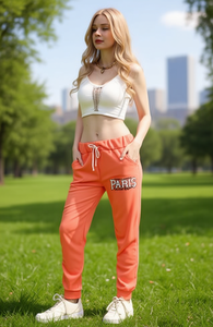 Pantaloni Harem da Donna J770K a Vita Alta, Lunghi, in Pile, Vestibilità Ampia, con Coulisse, Stampa Lettere Paris Arancioni, Stile Primaverile - Product Image 2