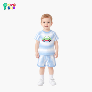 Puresun Wholesale Toddler Boys Sailboat Applique Stripe Short Sleeve Tee Shorts <strong>Sets</strong> 100% Cotton <strong>Kids</strong> <strong>Pajamas</strong> 1-6 Years - Product Image 2
