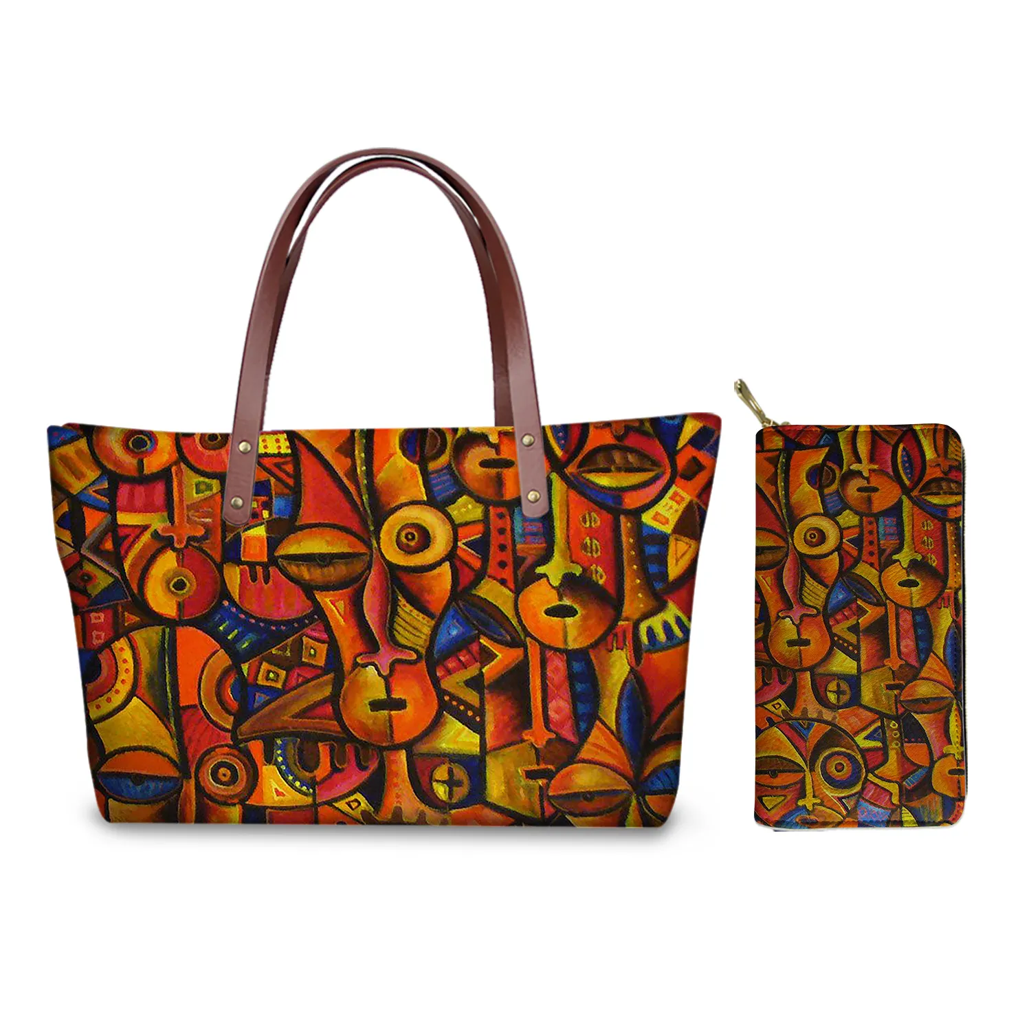 2021 Online nakliye sıcak satış siyah sanat afrika afrika tasarım bayanlar çanta seti deri çanta özel Logo kadın el çantaları