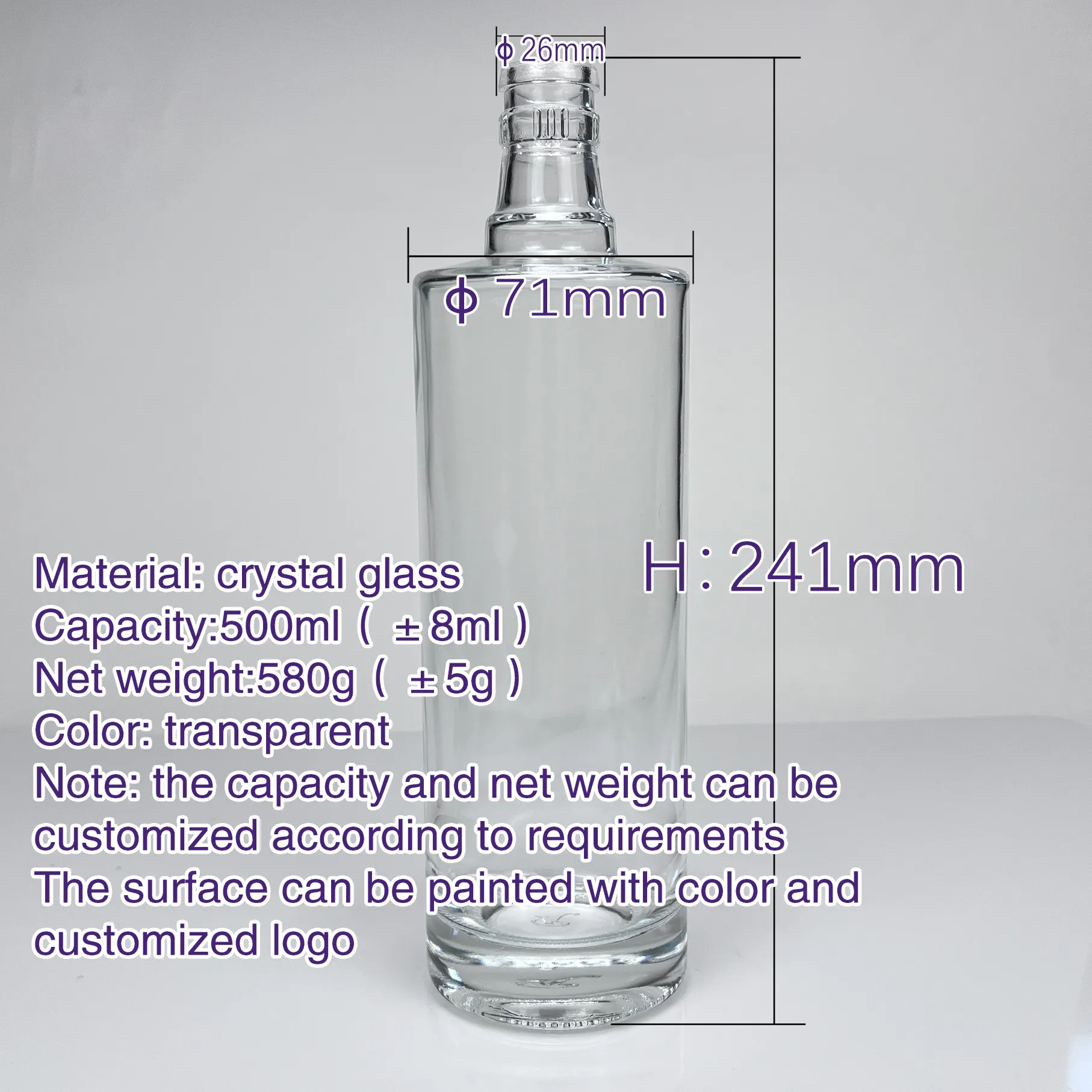 Hot Sale Long Life High Quality Transparent Crystal Material Vodka Bottle