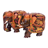 Panneaux muraux décoratifs en bois poli, forme irrégulière, 5 pouces, motif paire d'éléphants peints, artisanat traditionnel en bois, faits à la main