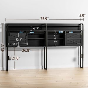 Base de Cama King Size de Metal Estilo Rústico SENYU con Cabecera con Almacenamiento, Tira de Luz LED, Puertos USB y Tomas de Corriente para Dormitorio - Product Image 2