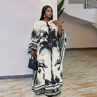 Robe Kaftan Ample Imprimée Palme et Flamant Noir et Blanc Tendance 2026 pour Vacances, Robe Africaine d'Été Imprimée Grande Taille pour Femme