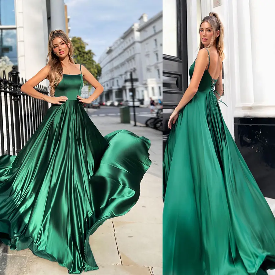 sparkle satin formal dress A-line Spaghetti Straps green Sparkly Long Prom Dresses Evening Gowns Homecoming Quinceaneras vestido